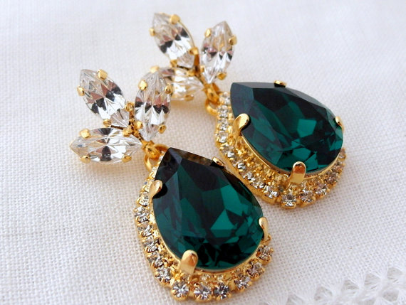 زفاف - Emerald green Chandelier earrings, Drop earrings, Bridal earrings, Dark green Dangle earrings, Weddings jewelry halo Swarovski earring