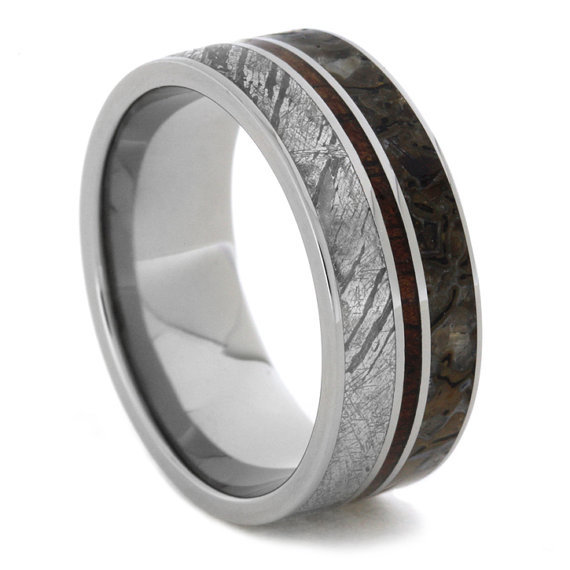 زفاف - Meteorite, Koa Wood and Dinosaur Bone Ring on Titanium Sleeve, Ring Armour Included