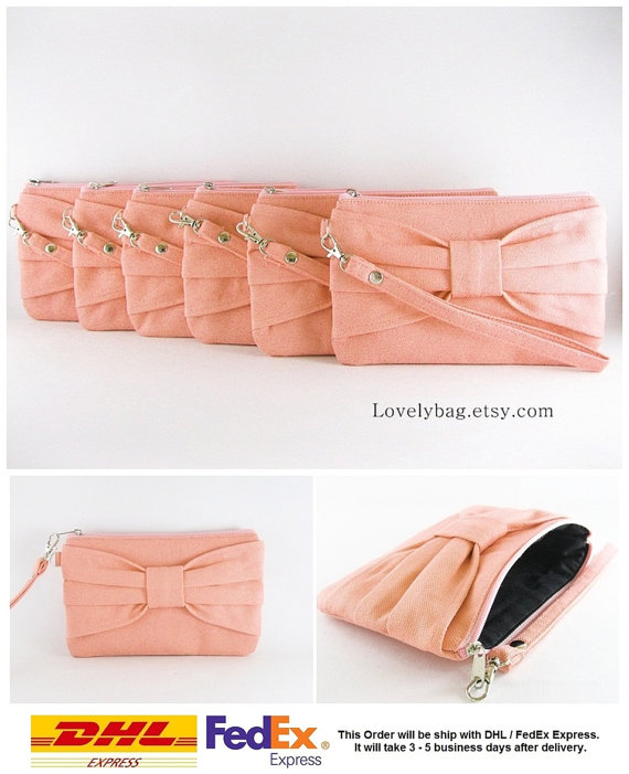 Wedding - Set of 8 Clutch Bridesmaids, Clutch Wedding / Peach Bow Clutches - MADE TO ORDER
