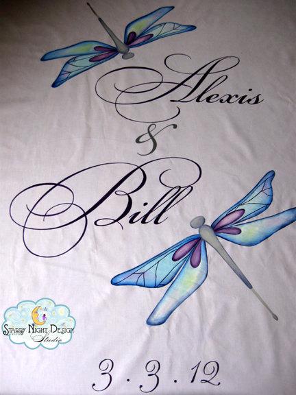 Mariage - Custom Wedding Aisle Runner with Original Hand Drawn Dragonfly Artwork on Real Fabric - Won't Rip or Tear