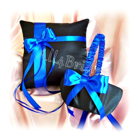 زفاف - Royal blue and black weddings ring pillow and flower girl basket.