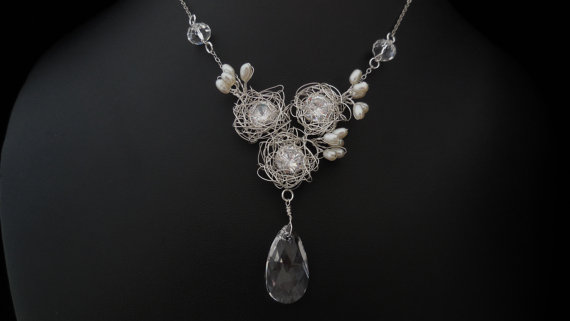 زفاف - Dreaming in Sterling Silver - Ethereal, Elegant, Bridal Necklace, Wedding Necklace, Cubic Zirconia, CZ, Swarovski Crystal, White Pearl