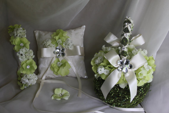 Wedding - SALE green flower girl basket,ring bearer pillow,floral crown, and boutonniere sold as a set for destination wedding