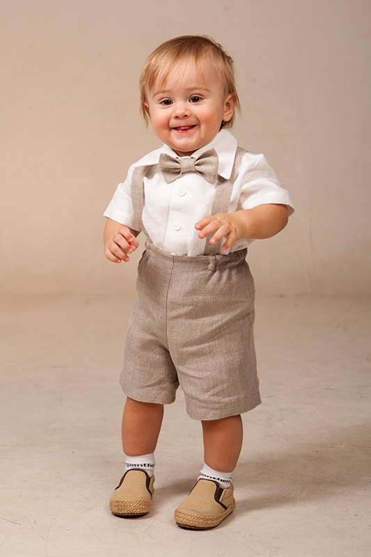 Hochzeit - Baby boy linen suit ring bearer outfit SET of 4 first birthday baptism suspenders kids natural clothes rustic wedding summer family photo