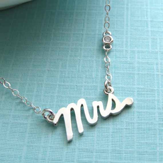 Свадьба - Mrs. Script Necklace with Tiny CZ Accent Sterling Silver Cursive Mrs Word Jewelry New Bride Bridal Shower Gift Honeymoon Just Married