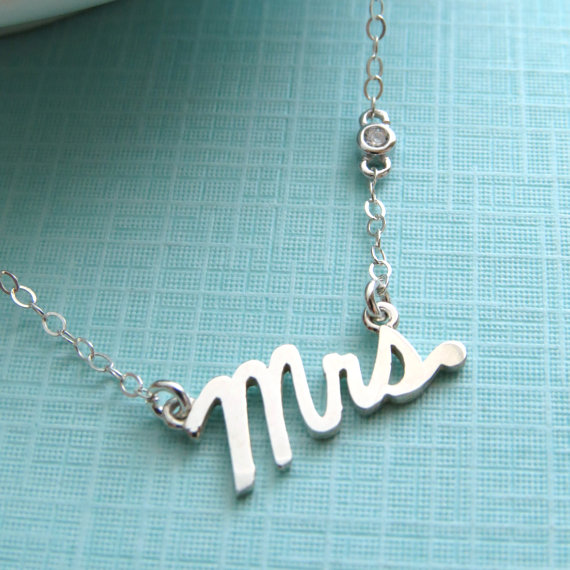 Wedding - Mrs. Script Necklace with Tiny CZ Accent Sterling Silver Cursive Mrs Word Jewelry New Bride Bridal Shower Gift Honeymoon Just Married