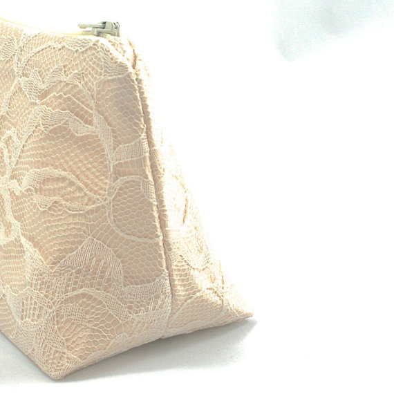 Wedding - Lace Bridesmaid Gift Champagne & Ivory Wedding Cosmetic Bag Clutch