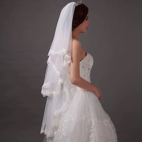 زفاف - Soft Cream illusion Tulle Bridal Veil with Comb, Two Layer Tiers Alencon Lace fingertip Wedding Veil, Ivory Sheer Drop Blusher hair Veil