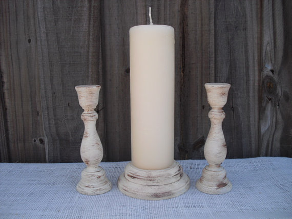 Wedding - Shabby Chic Wood Wedding Unity Candle Holder Set - You Pick Color - Item 1308