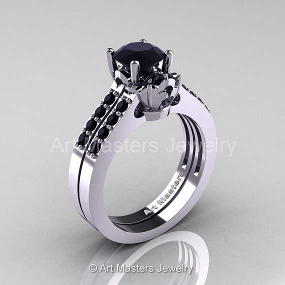 Mariage - Classic 14K White Gold 1.0 Carat Black Diamond Solitaire Wedding Ring Wedding Band Set R101S-14WGBD