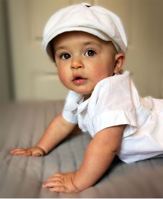 Mariage - Baby Boy Linen Hat -Baptism, Christening,Wedding Ring Bearer,  White or Ivory Linen Newsboy Style 0-36 months to Pre School sizes, Handmade.