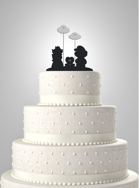 Wedding - Mario and Peach Wedding Cake Topper with Clouds