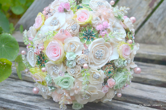 Hochzeit - Softest Spring blush and mint rose and wood flower brooch bouquet