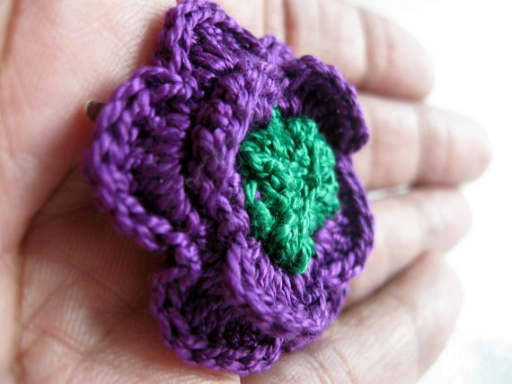 Wedding - Crochet Suit Boutonniere, 1&1/2 inch Violet and Green Buttonhole Flower