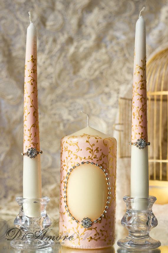 Wedding - Blush pink & gold-painted handmade  Wedding Unity Candle. Set of 3. custom color