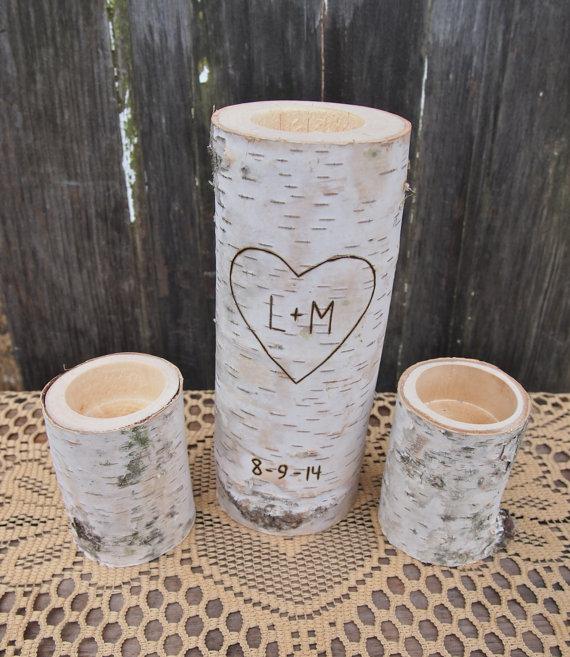 Hochzeit - Personalized WHITE BIRCH Unity Candle Holder Set -Tea Candle Size - Natural Rustic Wedding Candle - Woodland Wedding Decor