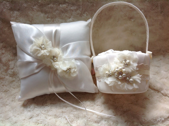 Свадьба - Flower girl basket / ring bearer pillow set - ivory or white / chiffon puff with rhinestones
