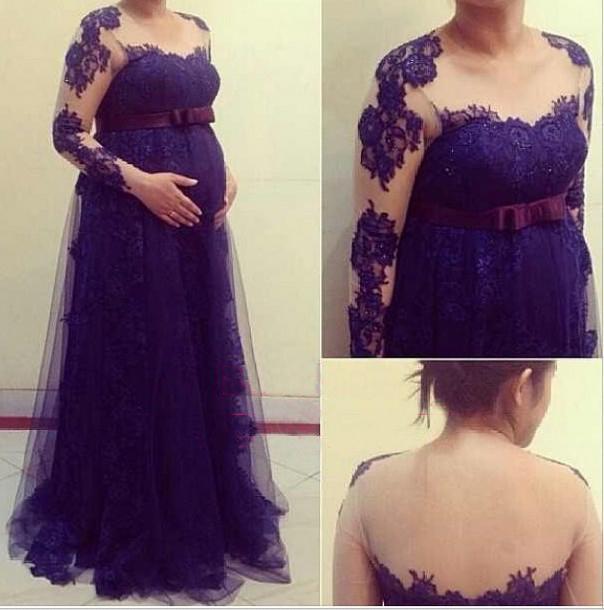 زفاف - Lace Prom Dresses For Pregnant Women 2015 New Crew Empire Sheer Illusion Long Sleeves Maternity Formal Evening Dresses Evening Gowns Online with $104.82/Piece on Hjklp88's Store 