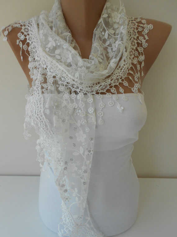 Mariage - White Scarf Shawl Cowl Scarf with Lace Edge Women Holiday Fashion Accessories Christmas Gift Ideas For Her Summer Wedding Bridesmaids Gifts