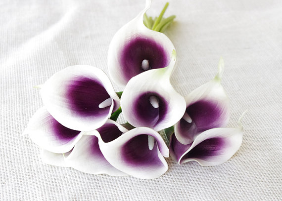 Hochzeit - 9 Purple Heart Natural Touch Calla Lily Stem or Bundle for Plum Silk Wedding Bouquets, Centerpieces, Decorations and more
