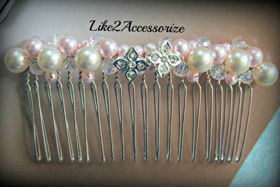 Свадьба - Wedding Pearl Hair Accessories, Bridal Comb, Wedding Hair Piece, White Ivory Pink Pearl, Bridesmaid Beaded Silver Comb, Veil Attachment Comb