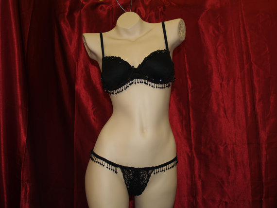 Wedding - Brides black lingerie with black dangling beads, hand made G-string and hand embellished matching bra