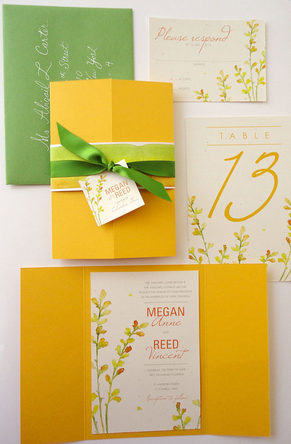 sample yellow and green baptisia floral gate fold wedding