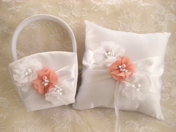 Hochzeit - Wedding Pillow and Basket -  White and Coral  Ring Bearer Pillow,  Vintage CUSTOM COLORS  too Wedding Pillow