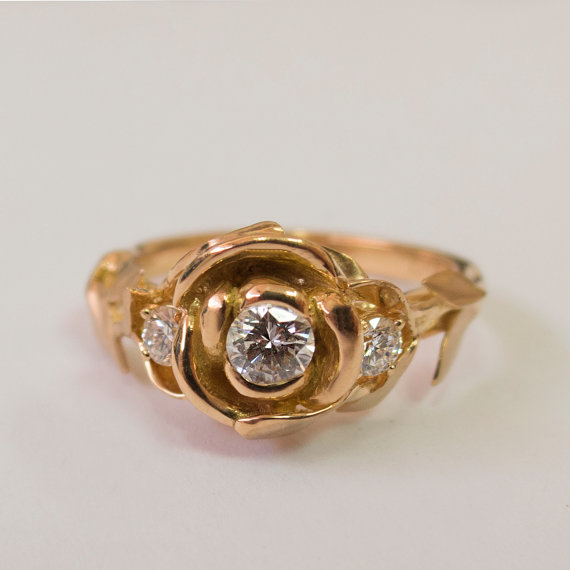 زفاف - Rose Engagement Ring - 14K Rose Gold and Diamonds engagement ring, engagement ring, leaf ring, flower ring, 3 Stone Ring, Three stone ring