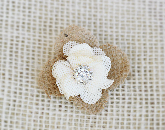 Wedding - Burlap Rhinestone Pearl Brooch Flower Wedding Hair Pin or Boutonniere Decoration - Crystal Head Pin Clip