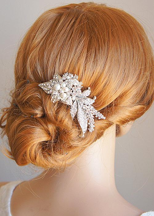 زفاف - MAITE, Vintage Style Bridal Hair Accessories, Swarovski Crystal and Pearl Wedding Hair Comb, Flower Bouquet and Leaf Wedding Hairpiece