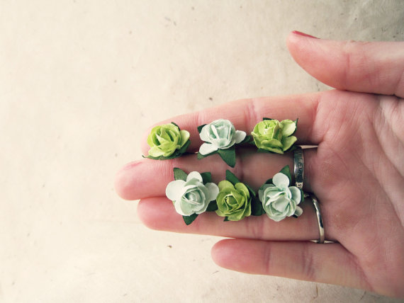 Wedding - Rose Hair Pin Set in Olive + Mint Green. Paper Rose Bobby Pins