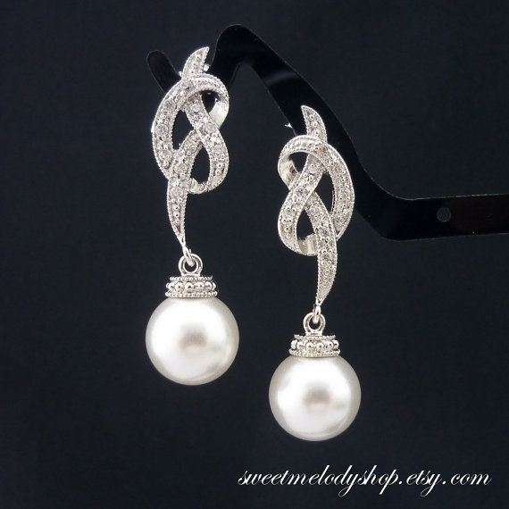 زفاف - Pearl Earrings Wedding Jewelry Bridesmaid Gift Bridal Jewelry White OR Cream Swarovski Round Pearl Drop Earrings Ribbon Bows Cubic Zirconia
