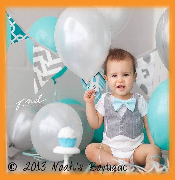 Wedding - Cake Smash Outfit Baby Boy - Aqua and Grey - Spring Wedding Outfit - First Birthday - Grey Vest Aqua Bow Tie - Ring Bearer - Easter Outfit