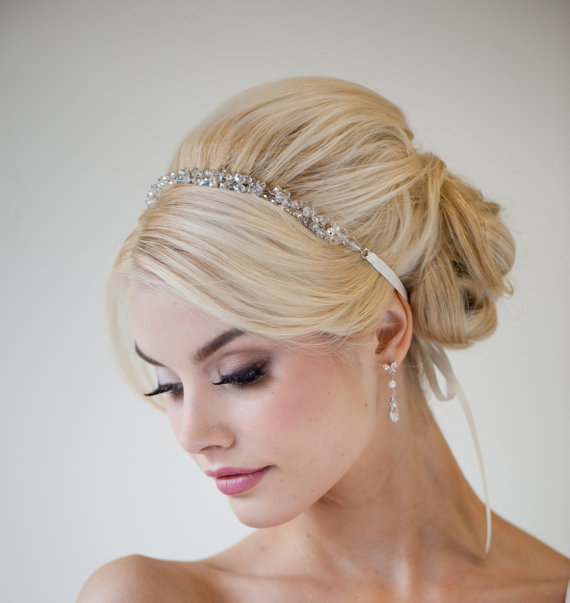 Hochzeit - Bridal Ribbon Headband, Bridal Hair Accessory, Beaded Ribbon Headband, Wedding Head Piece - DEMI