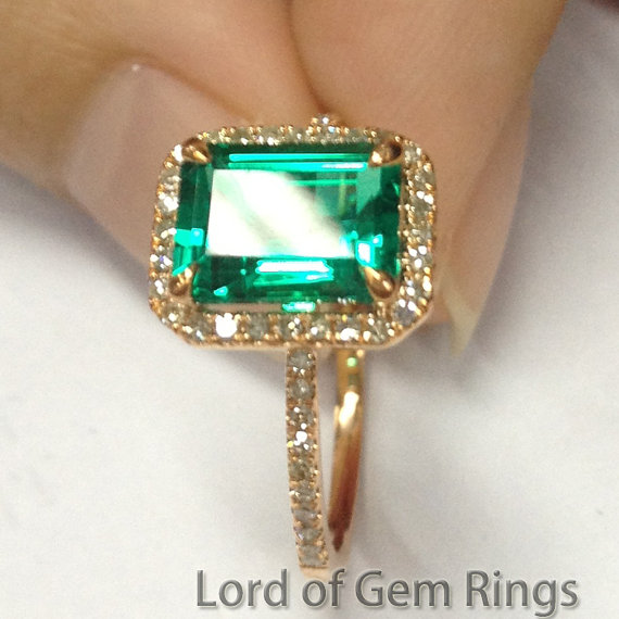 زفاف - 2.56ct Emerald Engagement Ring Wedding Ring Diamond Halo in Solid 14K Yellow Gold Bridal Promise Ring