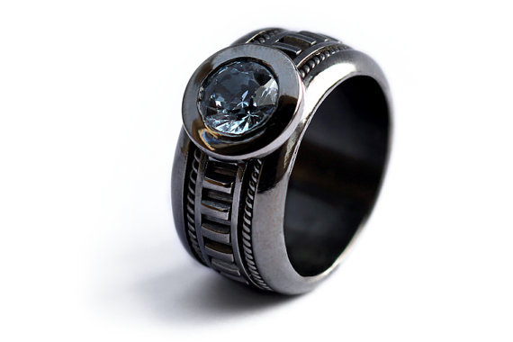 زفاف - Black Engagement Ring, Unique Ring - Nautical Blue Aquamarin gemstone  -Steampunk Ring,  Unisex ring, Engraved Personalized Ring