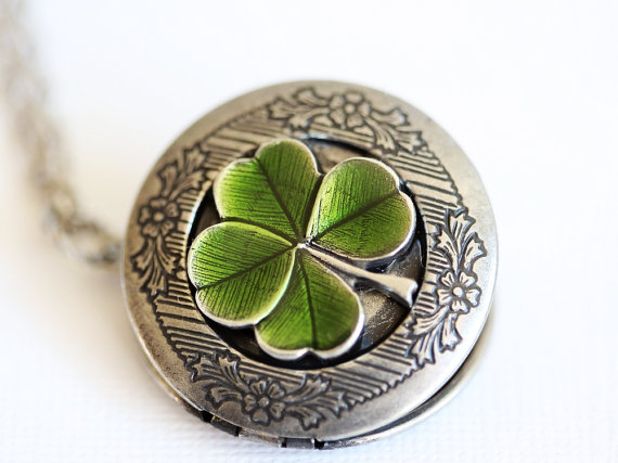 Wedding - Four Leaf Clover Locket,Jewelry Gift,Claddagh, Antique Locket,Silver Locket, Irish,Lucky, Shamrock,Wedding,Bridal Jewelry,Bridesmaids Gift