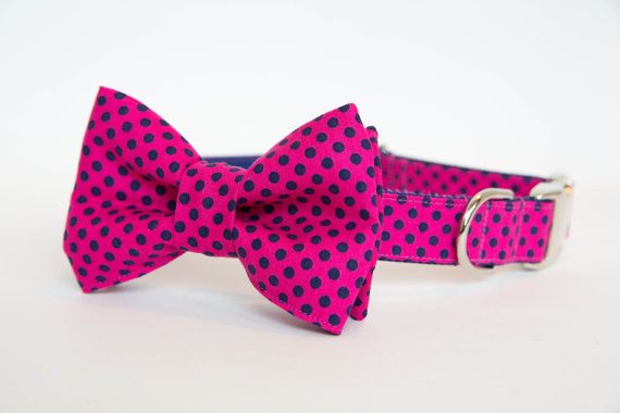 زفاف - Dog Bow Tie Collar - Pink and Navy Polka Dots