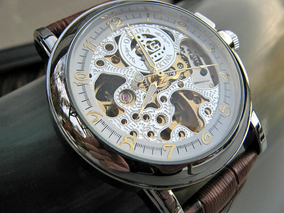Wedding - Mechanical Luxury Wrist Watch with Genuine Brown Leather Wristband - Automatic - Victorian Steampunk Era - Groomsmen - Watch - Item MWA57