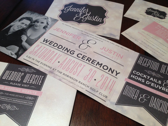 زفاف - Custom Fold Wedding Invitation: Pink and Grey