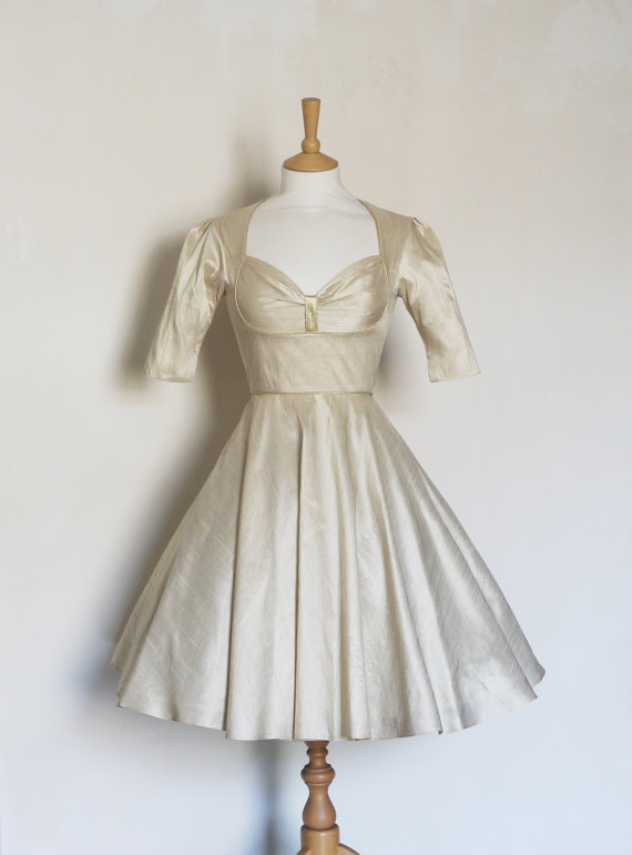 Wedding - Champagne Silk Dupion Bustier Wedding Dress with Circle Skirt - Made by Dig For Victory