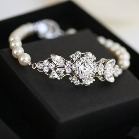 Hochzeit - Pearl Bracelet Wedding Jewelry Pearl Bridal Bracelet Swarovski Crystal Bracelet Vintage style Art Deco Bridal Jewelry  KATRINA PEARL