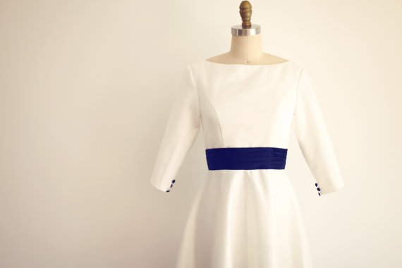 Hochzeit - Custom Make Vintage Audrey Boat Neckline Long Sleeves Wedding Dress Ivory Satin/Navy Blue Bow Sash V Back Bridal Gown