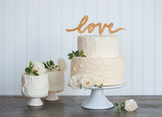 زفاف - GOLD or SILVER glitter "LOVE" script wedding cake topper