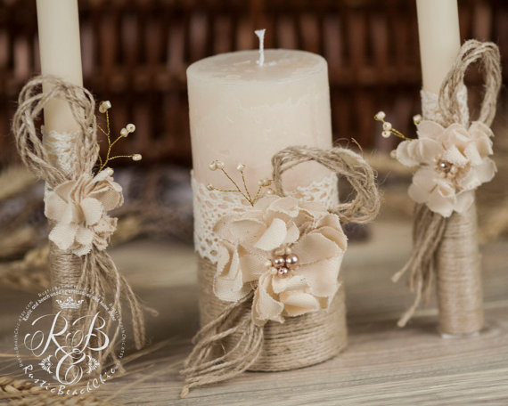Wedding - Rustic  Unity candles / Rustic Chic Wedding / with rope, lace, pearl handmade flower
