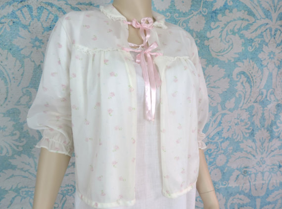 زفاف - Vintage Bed Jacket by Gordon Lingerie Lovely with Tiny Pink Flowers on Fabric Lace and Ribbons