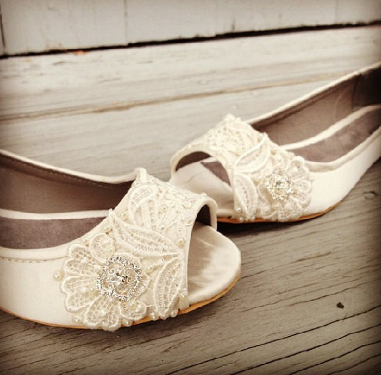 Wedding - French Pleat Bridal Open Toe Ballet Flats Wedding Shoes - All Full Sizes - Pick your own shoe color and crystal color