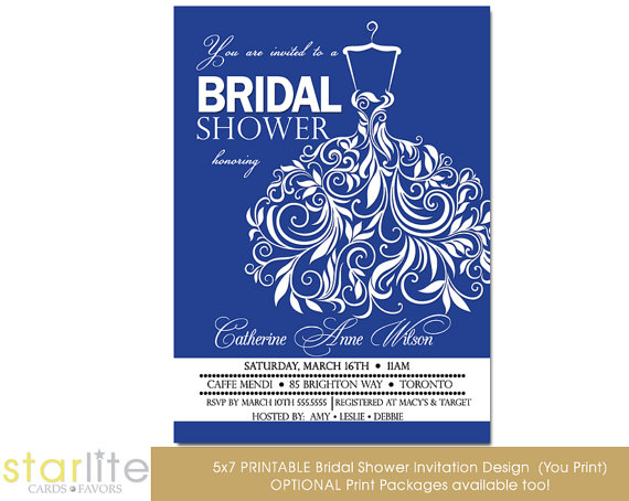 Hochzeit - Bridal Shower Invitation, Royal Blue, Swirly Unique Wedding Gown - 5x7 vintage style unique invitation Printable Design or Printed Option.