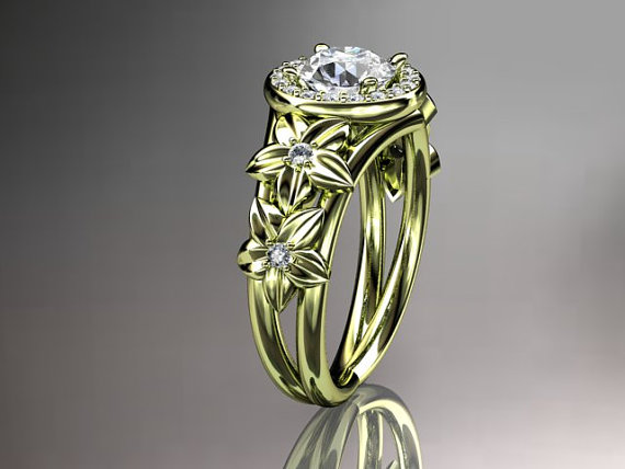 زفاف - 14kt yellow gold diamond floral wedding ring,engagement ring with Forever Brilliant Moissanite center stone, ADLR131